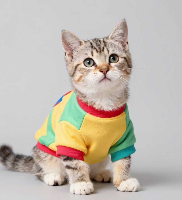 Gatito coqueto con ropa colorida