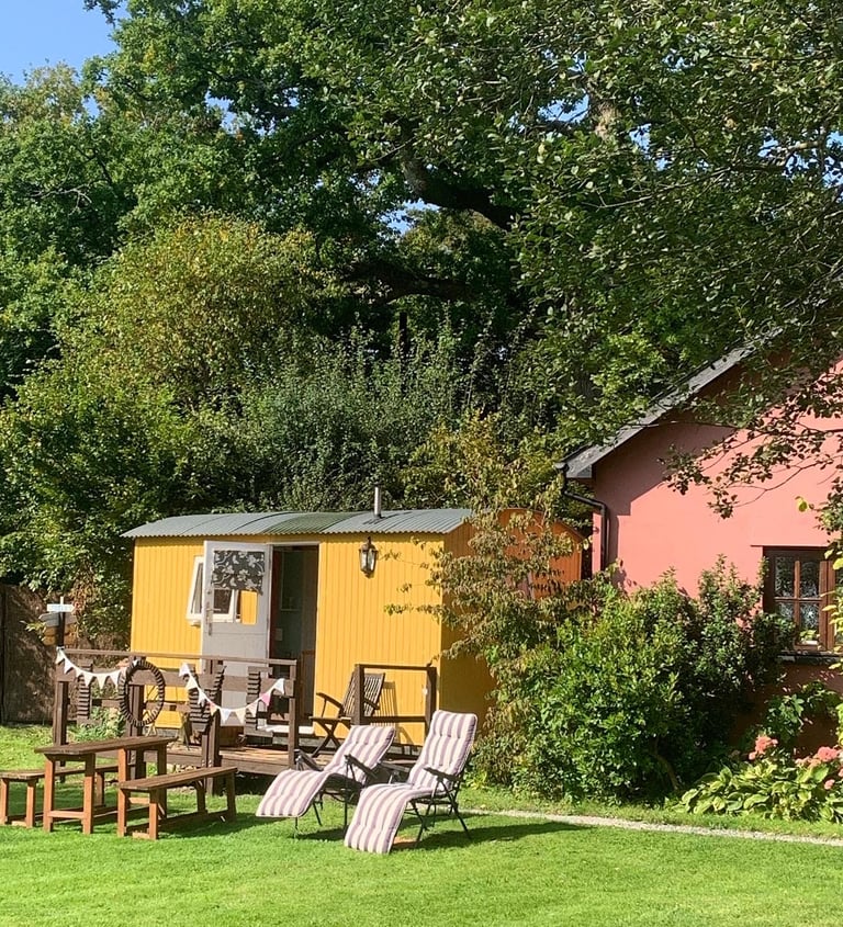 Yellow shepherd's hut and rustic wooden furniture on a sunny lawn beside a pink house.
