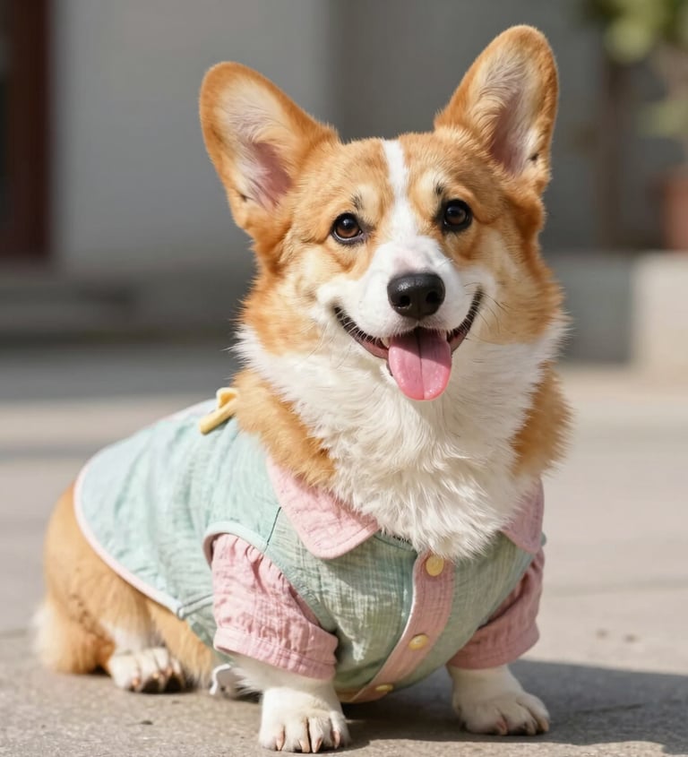 perro pequeño con la lengua de fuera vistiendo un vestido en rosa con azul