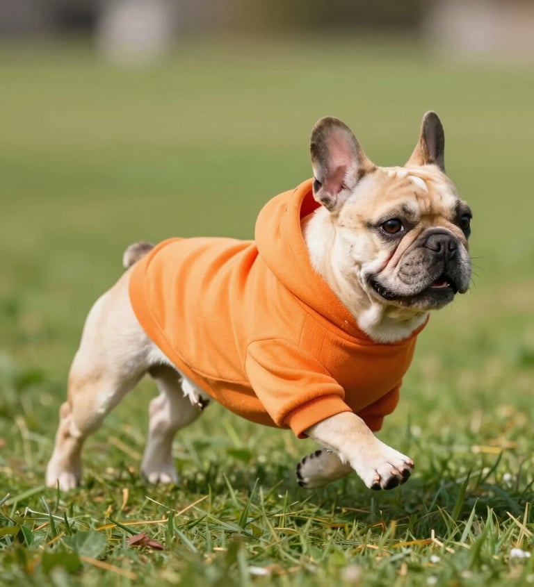 A cute tan French Bulldog wearing a bright orange dog hoodie running across a green grass lawn.