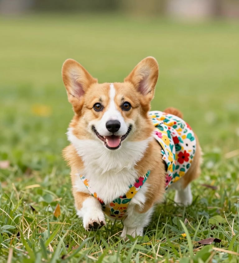 A happy Pembroke Welsh Corgi wearing a floral harness and dress walking through green grass.
