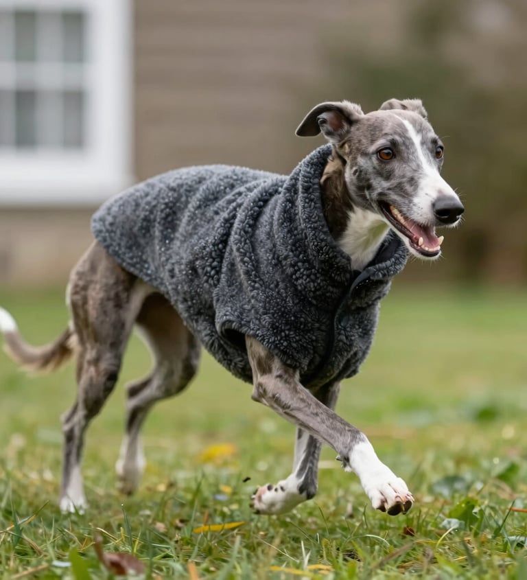 A brindle greyhound wearing a charcoal fleece dog coat running across a green lawn.