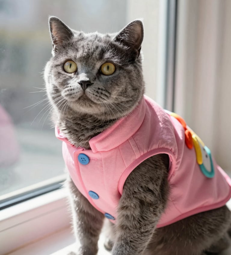 gato persa gris con un chaqueco rosa con detalles personalizados