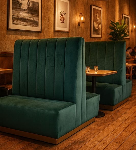 Custom green velvet banquette seating in a modern rustic restaurant with chandeliers and wood floors by Solo Home Decor.