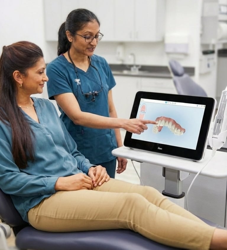 dentist explaining a dental scan to an invisalign patient