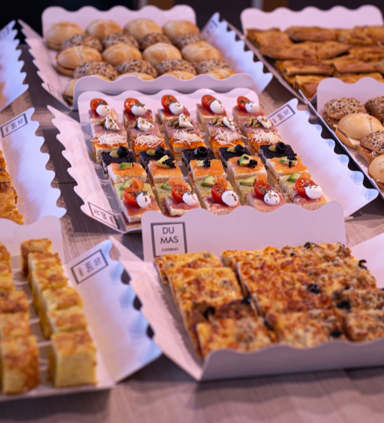 Variedad de canapé, bocadillos y pizzas exhibidos en bandejas