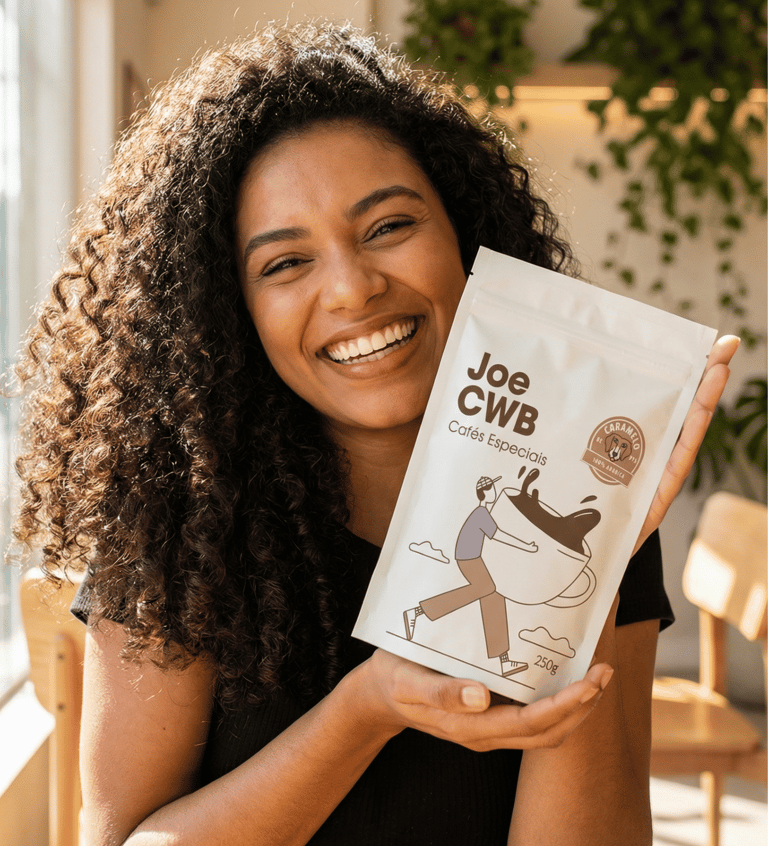 Embalagem de café premium, representando a entrega rápida e fresca do melhor Café em Curitiba