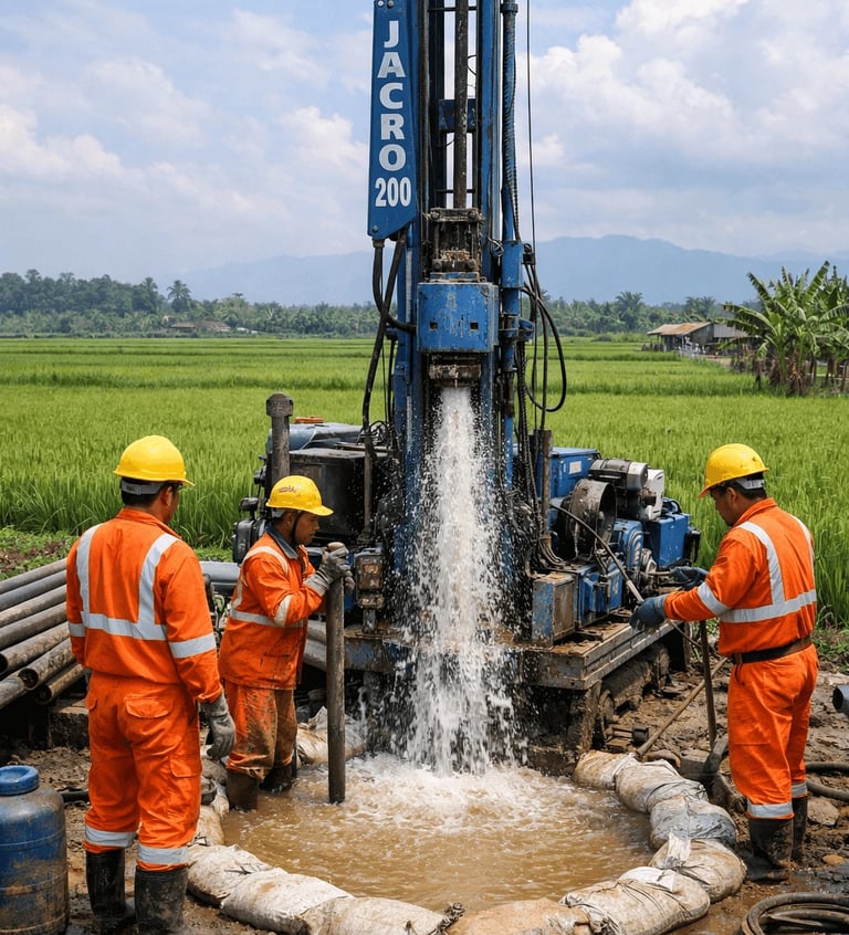 Workers in orange coveralls operate a blue Jacro 200 water well drilling rig in a rural field.