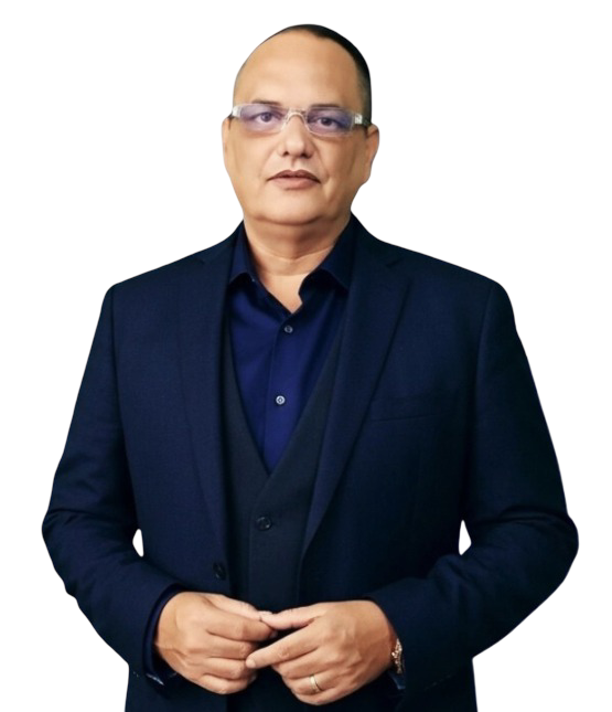 a man in a suit and glasses standing in front of a black background