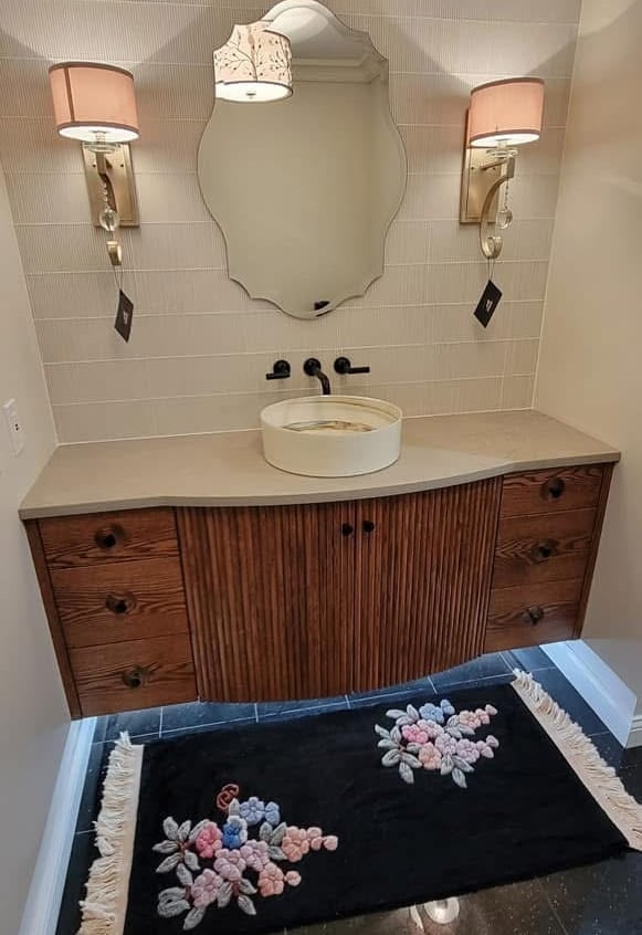 Custom built vanity with intricate detailing for a Pearce Woodworks Detroit client