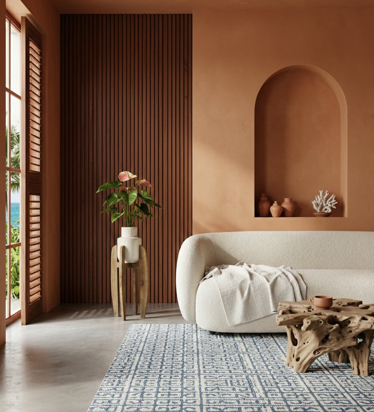 Salon méditerranéen moderne avec un canapé blanc courbé, des murs en terre cuite et un tapis bleu