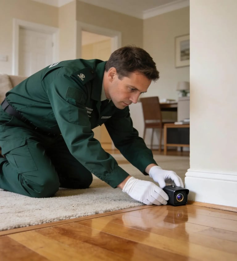 Pest control expert installing camera to track pest movement in Donington home