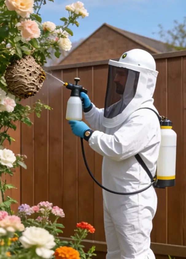 Wasp nest removal expert in a bee suit treating a nest in Holbeach.