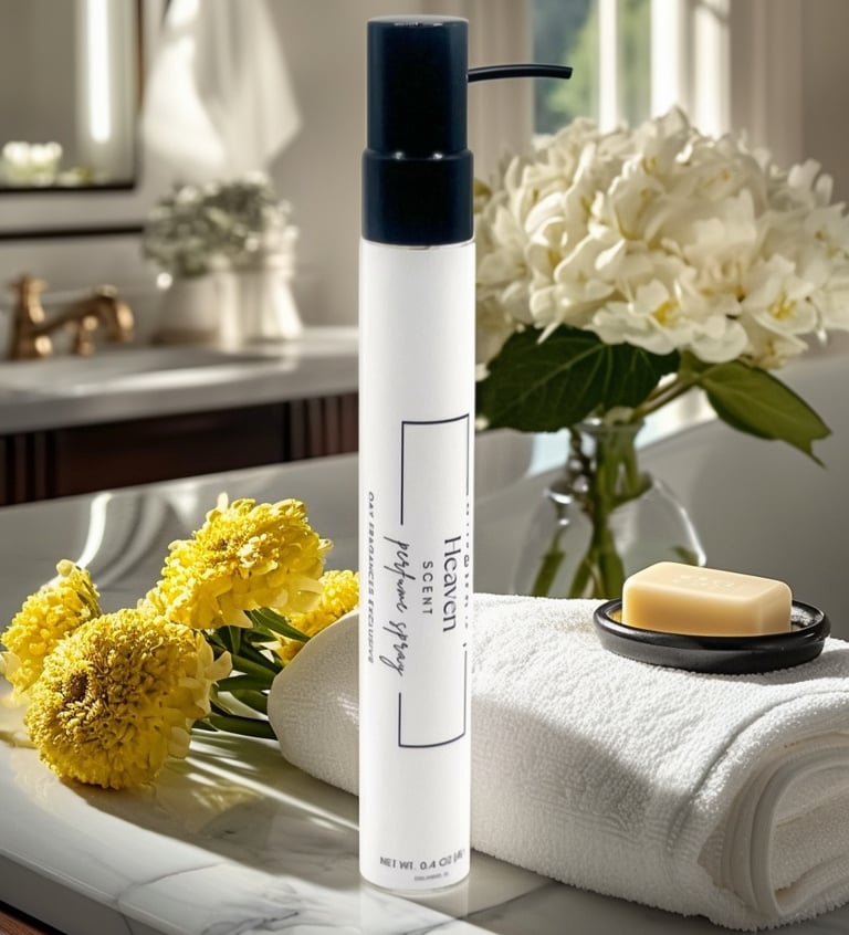 Heaven Scent perfume spray bottle on a marble bathroom vanity with fresh flowers and soap.