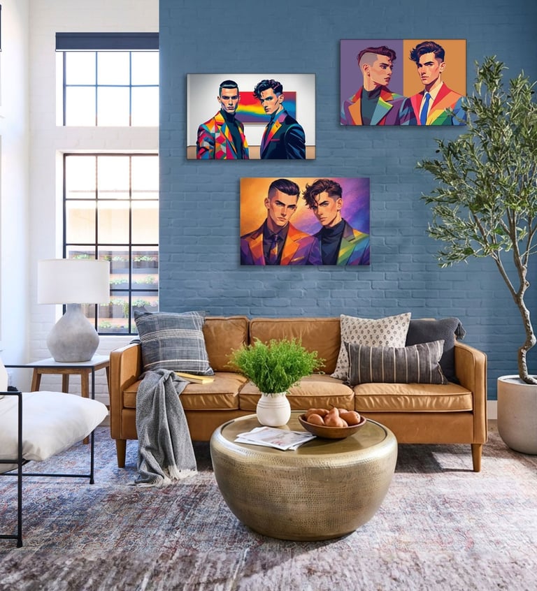 Queer artwork by flamingay canvas prints in 3 fashion pride fashion inspired designs displayed on a wall in a modern home