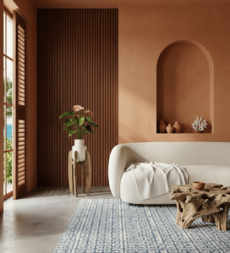 Salon méditerranéen moderne avec un canapé blanc courbé, des murs en terre cuite et un tapis bleu