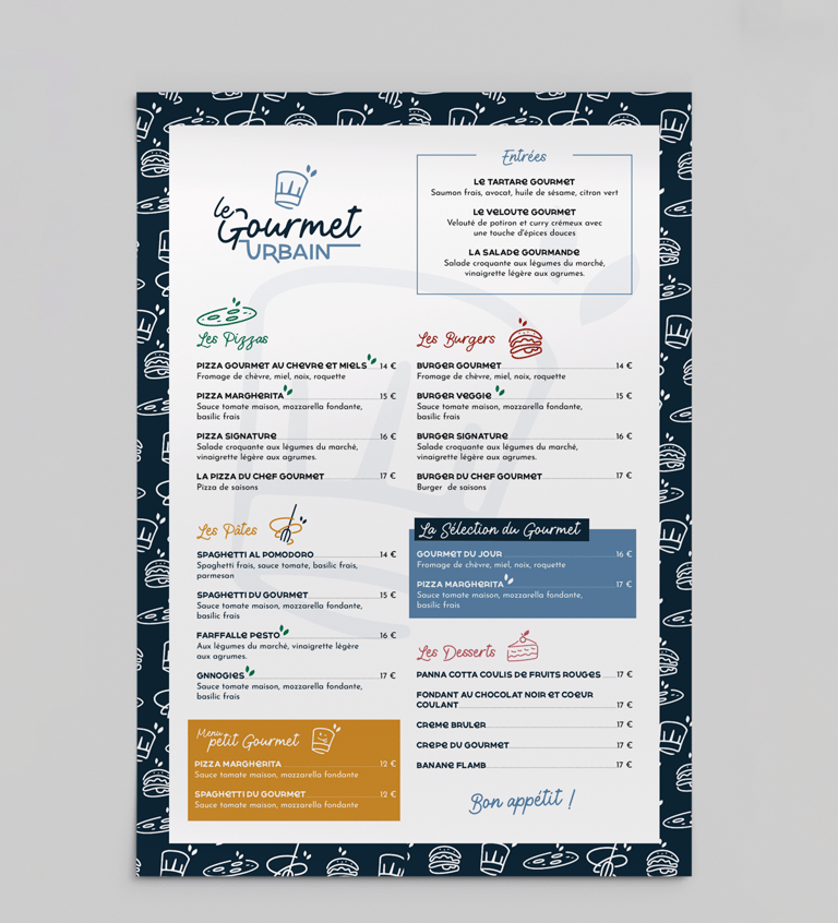 Réalisation : menu restaurant - Le gourmet urbain - Amy Atelier Graphique