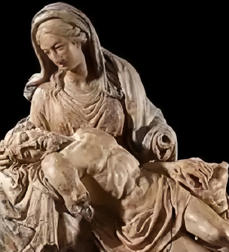 Pietà par  Michel-Ange (terre cuite, 1498-1499, source : Michelangelo e la Pietà in terracotta.  Stu