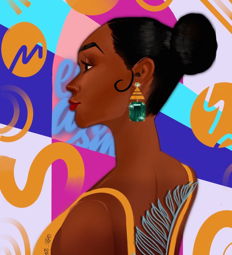 Ilustracion de retrato femenino afro, colorido y caribeño.