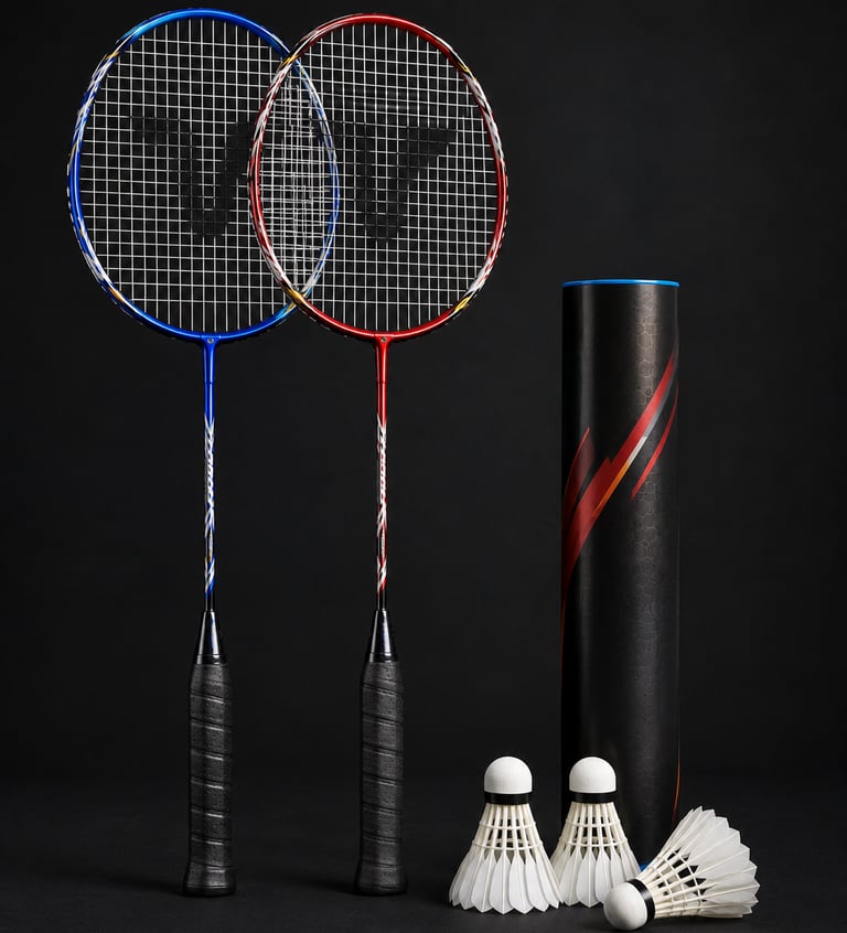 Professional red and blue badminton rackets with white shuttlecocks and a storage tube on a black background.