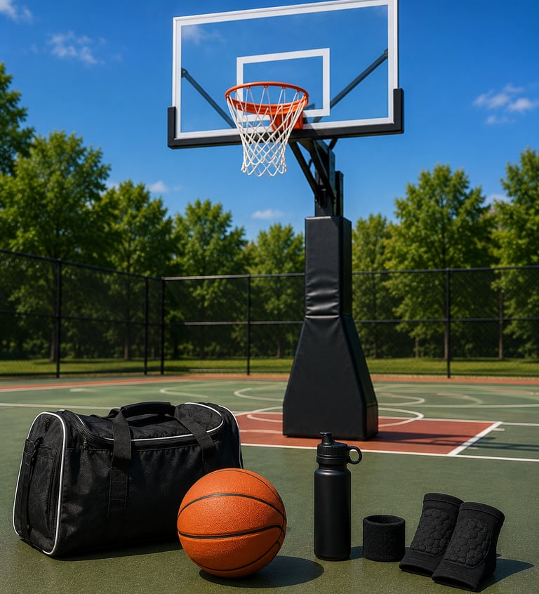Outdoor basketball court with a portable hoop, black gym bag, basketball, and water bottle on the green surface.