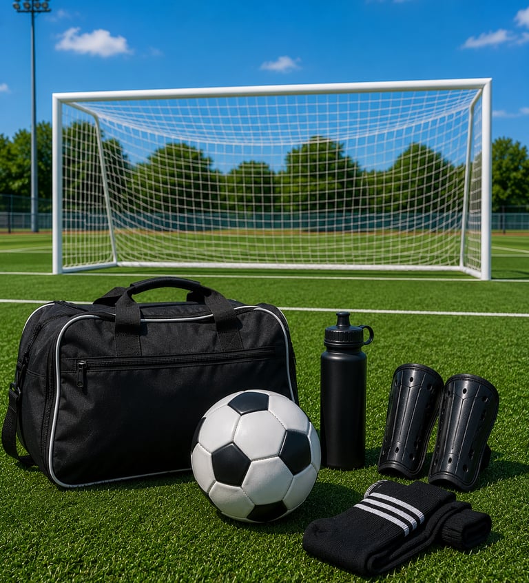 Soccer equipment including a ball, gear bag, and shin guards on a green turf field with a goal.