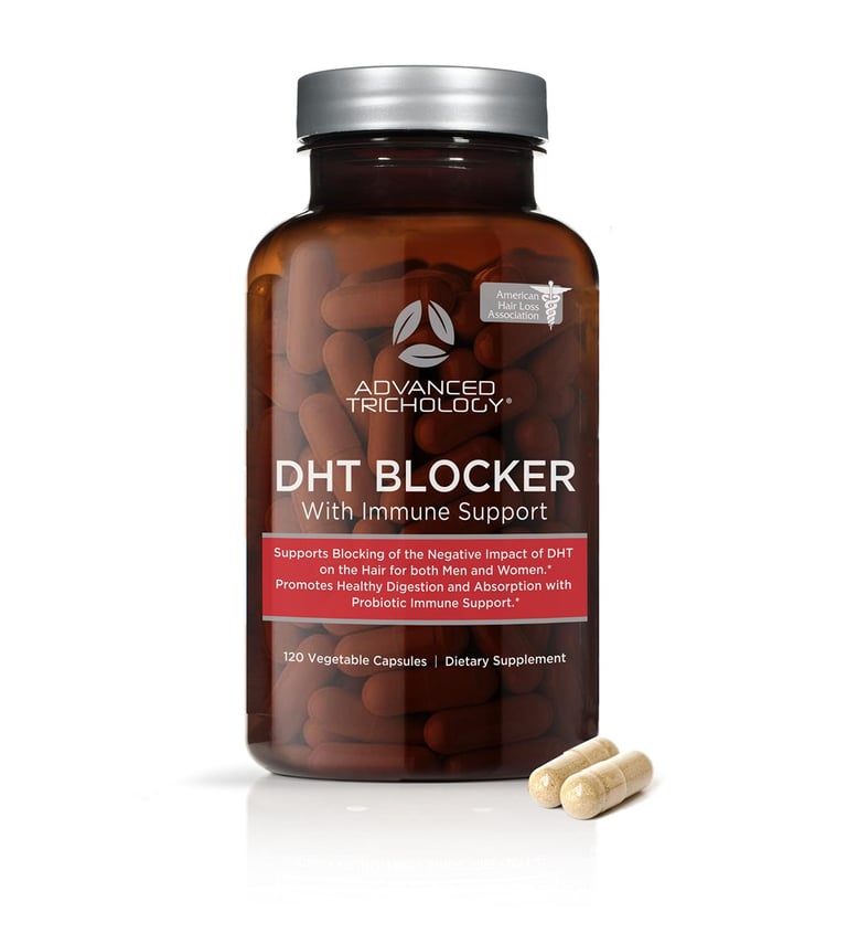 Advanced Trichology DHT Blocker with Immune Support dietary supplement bottle with 120 vegetable capsules.