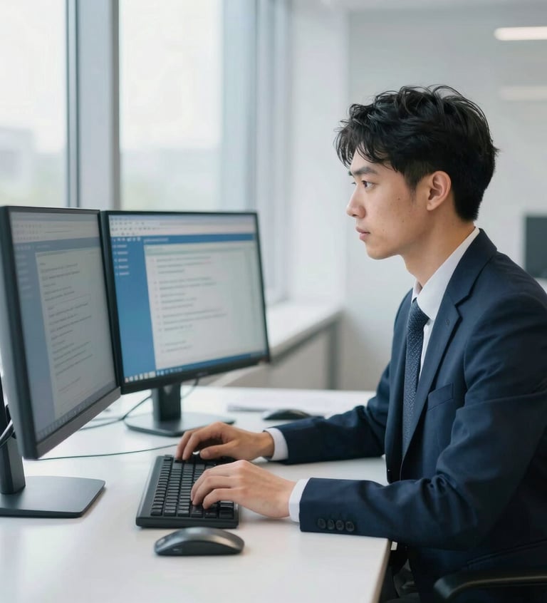 A focused professional working at a clean desk setup with dual monitors, natural window light, professional corporate atmosphere, cool blue tones