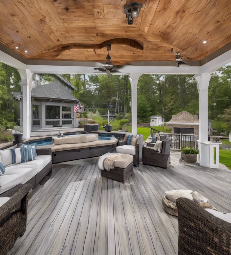 a covered porch with a couch and a couch