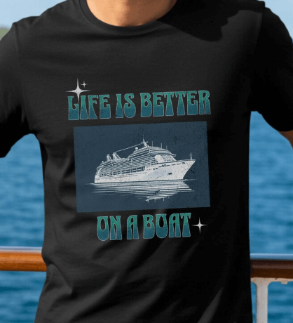 a man in a black shirt is standing on a boat