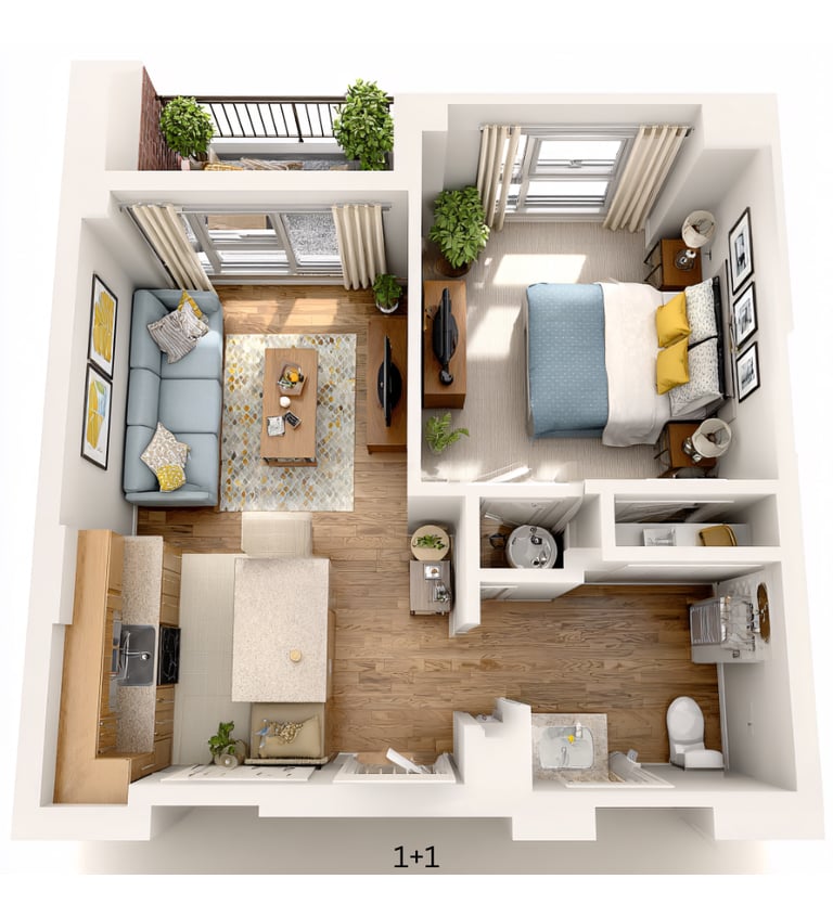 3D architectural floor plan of a modern 1+1 apartment in Alanya with a living room, bedroom, and bal