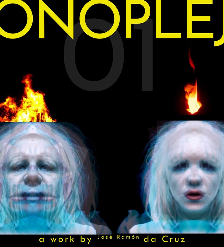 a woman with blonde hair and a fire in front of a black background
