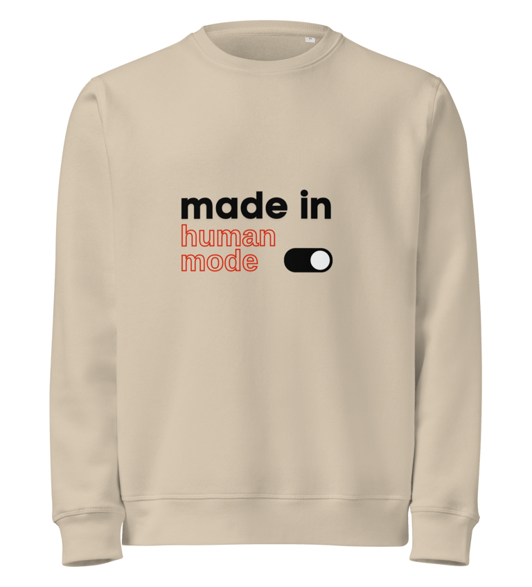Minimalist AI-inspired sweatshirt from The Prompted Life featuring the Made in Human Mode design.