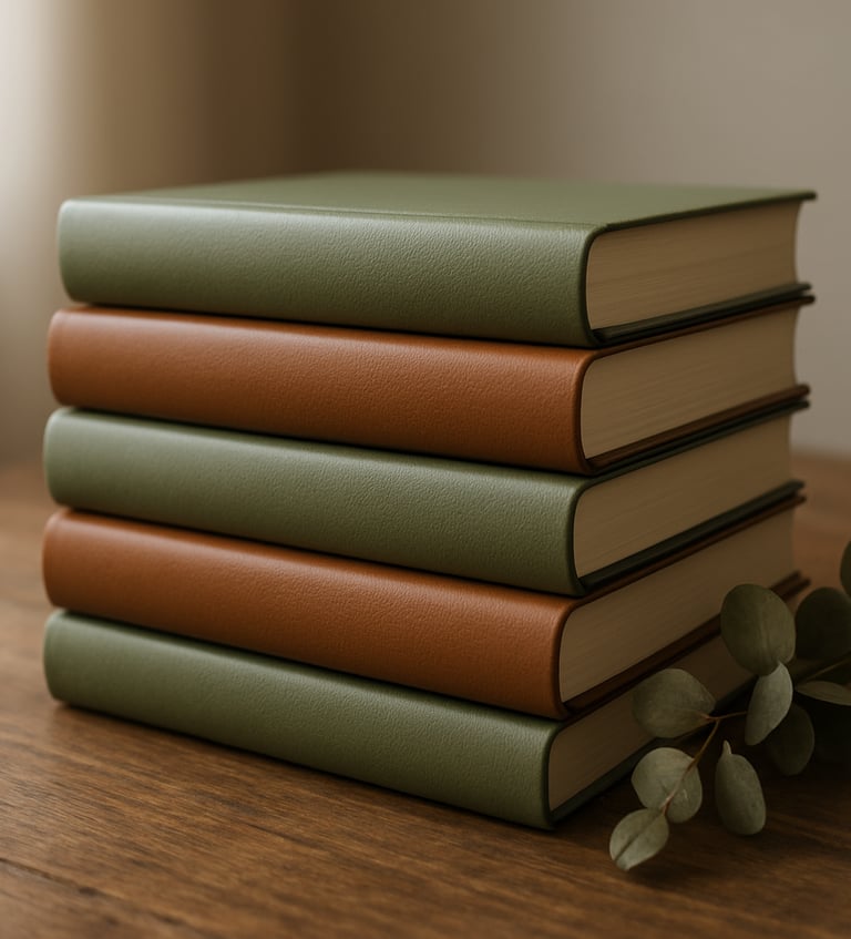 Close-up of a stack of hardcover textbooks with elegant sage green and leather brown spines, arranged neatly on a rustic wooden table next to a sprig of dried eucalyptus. North American indoor setting, soft natural light.