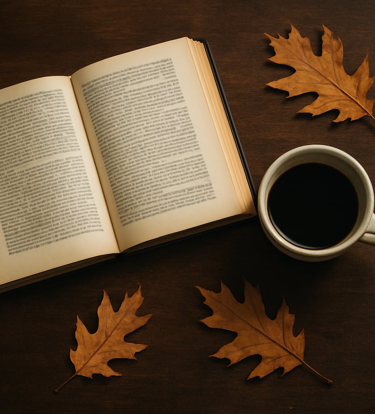 A bird's eye view of a study table in a North American home office featuring an open textbook, a cup of coffee in a ceramic mug, and a few oak leaves. The textures of the parchment paper and the dark coffee brown table are prominent.