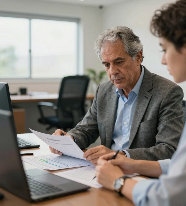 A strategic one-on-one climate transition mentoring session between a senior expert and a corporate leader in a brightly-lit office in Brazil, focusing on decarbonization spreadsheets.