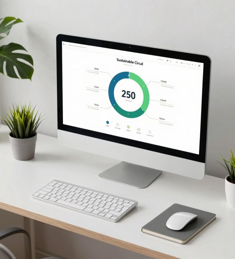 A modern, minimalist workspace desktop overhead shot with plant elements and a device screen showing sustainable circular materials metrics, clean and bright aesthetics.