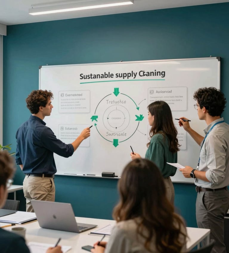 A professional, interactive corporate climate workshop in South American / Brazilian workspace, with participants actively collaborating on sustainable supply chain strategies on clean boards. Deep teal and white modern aesthetic, crisp office lighting.