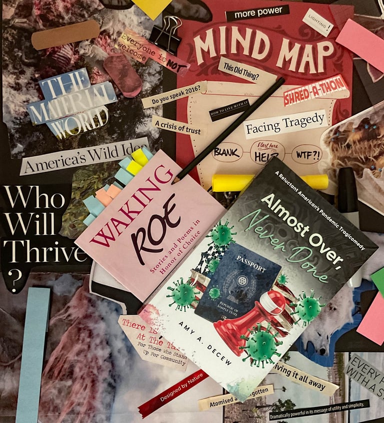 creative art collage of headlines, pictures, notes, office supplies, and book covers