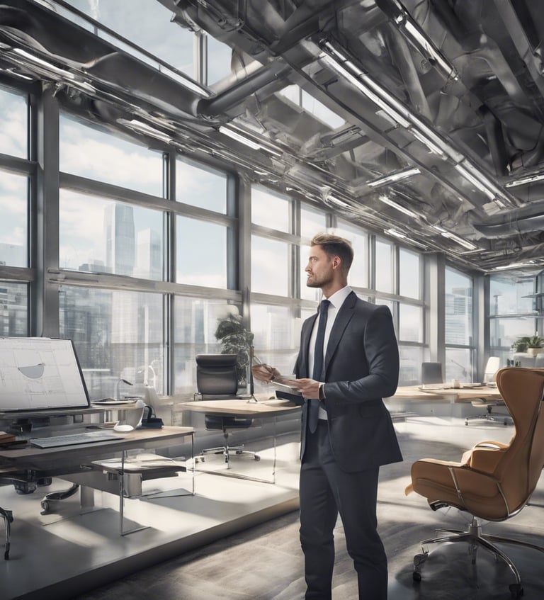A professional man stands in a modern, sunlit office, thoughtfully planning his self-improvement.