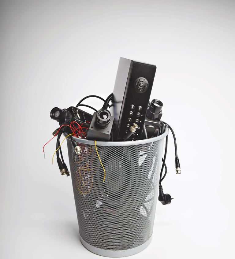 a trash canister with outdated surveillance cameras