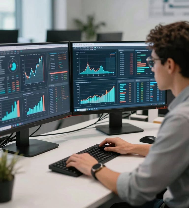 An AI data analyst reviewing complex visual metrics and predictive graphs on high-resolution screens in a quiet modern office, Global / Tech Professional.