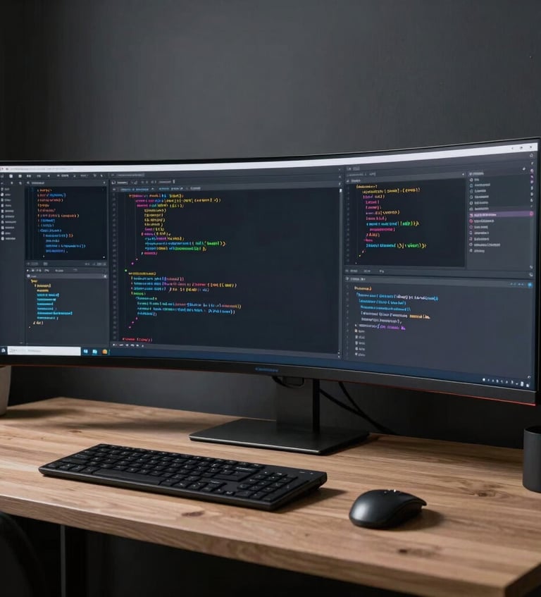 A clean modern workplace with code editor software open on ultra-wide screens for website development, dark slate tone aesthetic, Global / Tech Professional.