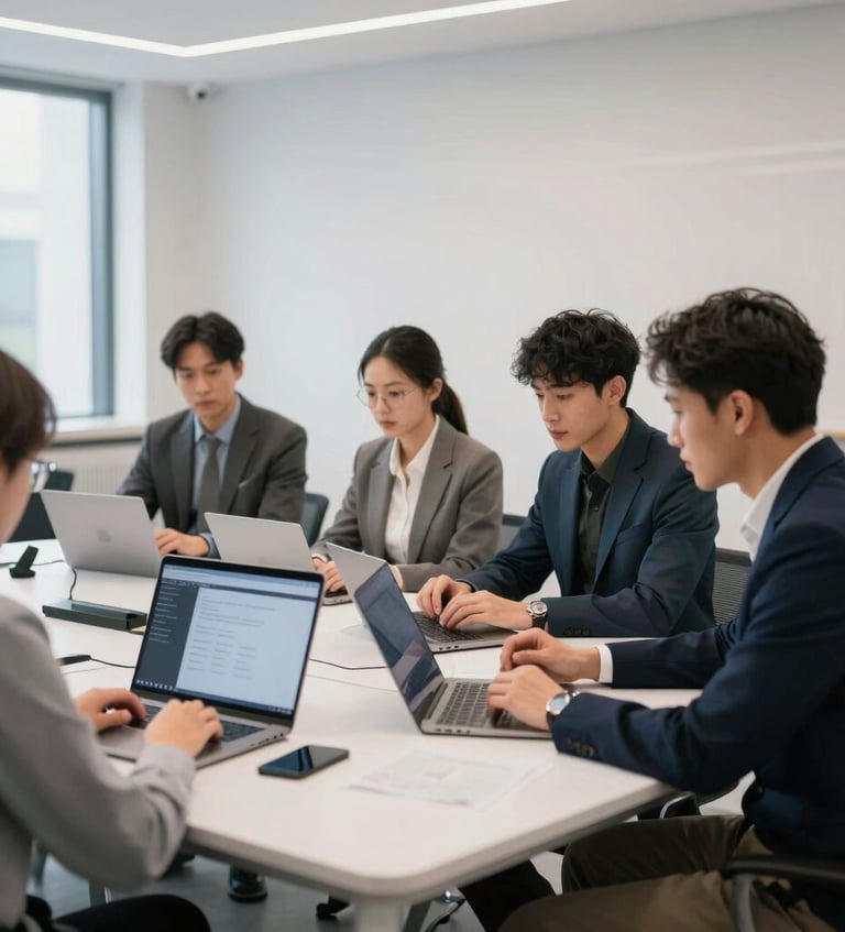 A group of corporate employees participating in a hands-on AI technology workshop in a modern minimalist classroom, Global / Tech Professional.