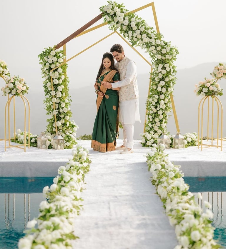 a bride and groom standing in front of a pool