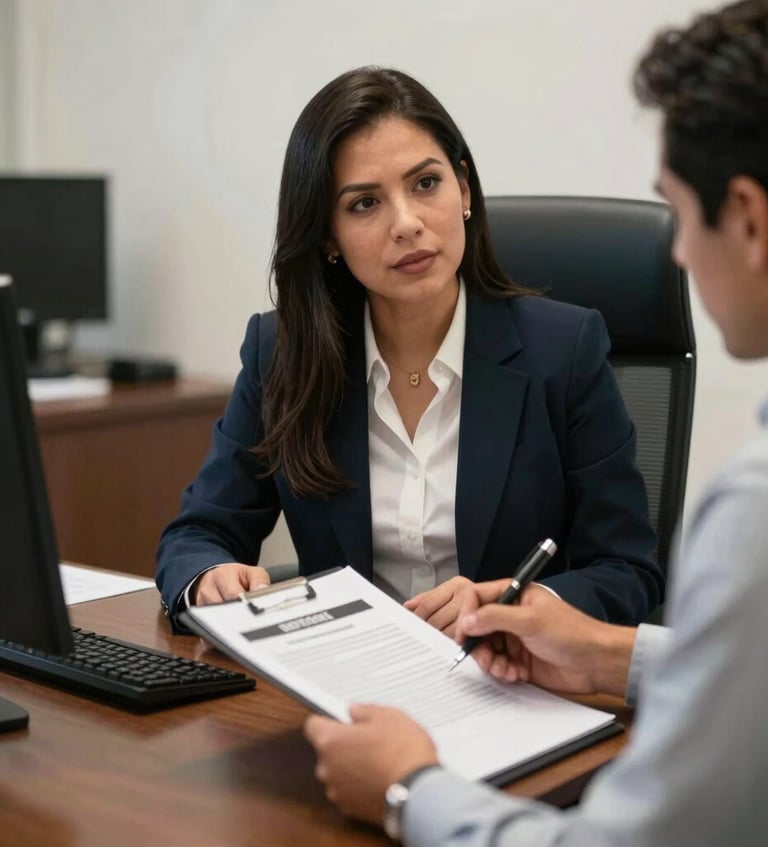 Professional photography of a Mexican / Latin American legal consultant reviewing corporate agreements with a client in an executive office in Monterrey.