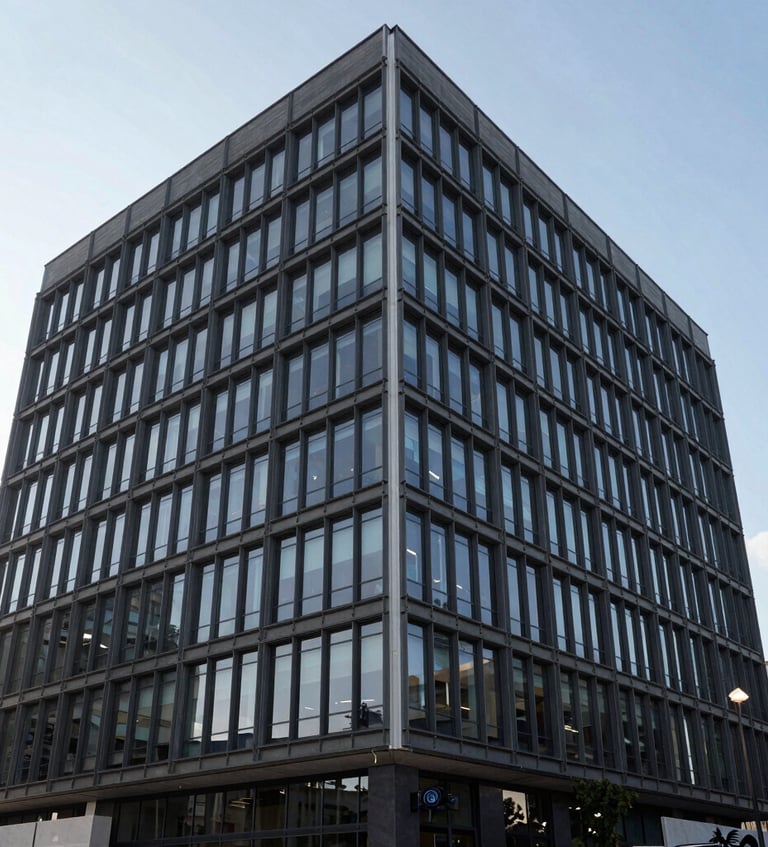 Architectural exterior photography of a modern commercial legal center in Monterrey, Mexico, featuring a structured dark glass and steel facade under crisp daylight, in slate blue and white tones.