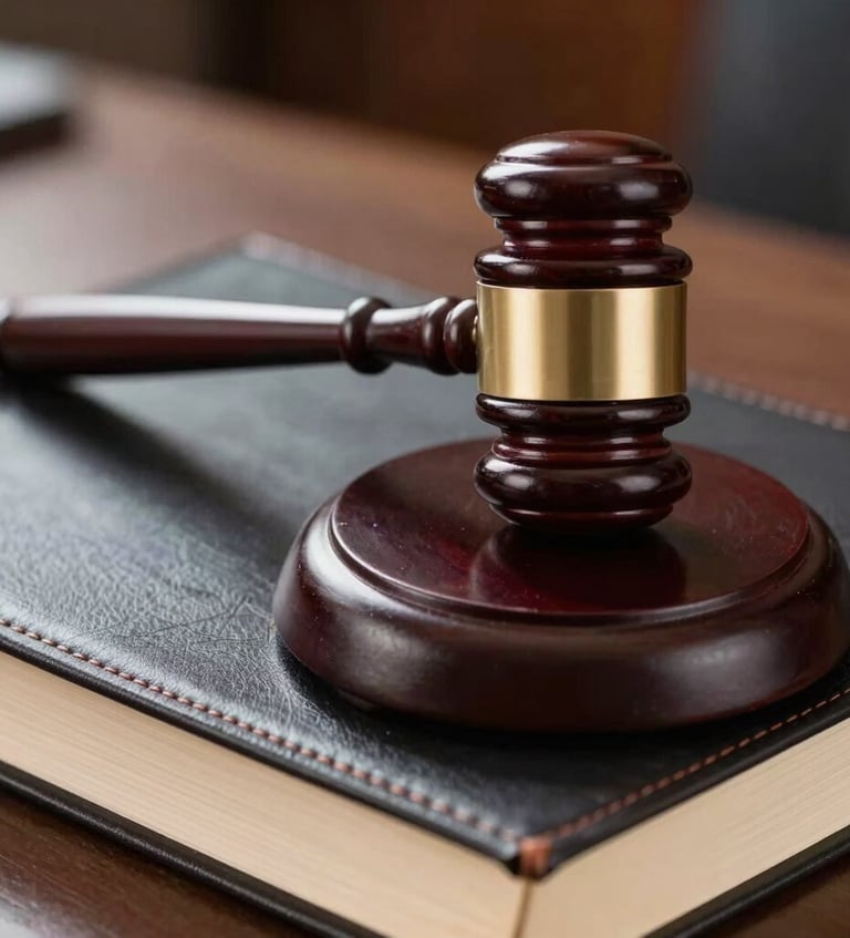Detail photography of a polished wooden gavel resting on a leather-bound law book in an executive legal office in Monterrey, Mexico.