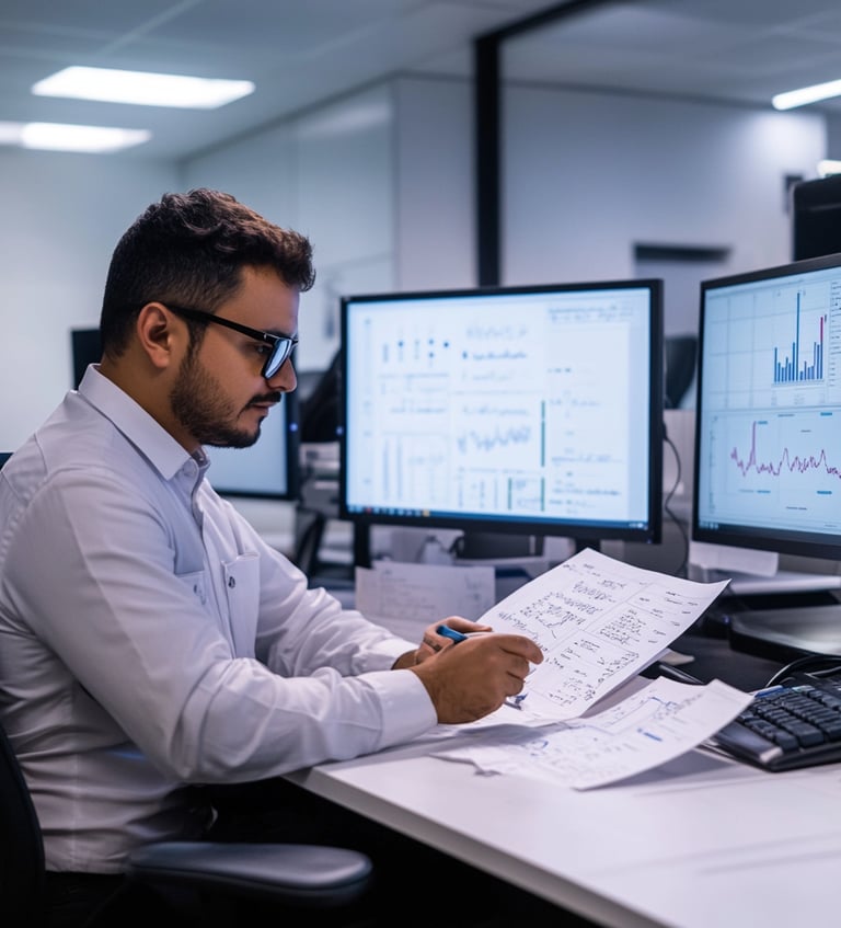 a man sitting at a desk with a paper workbook