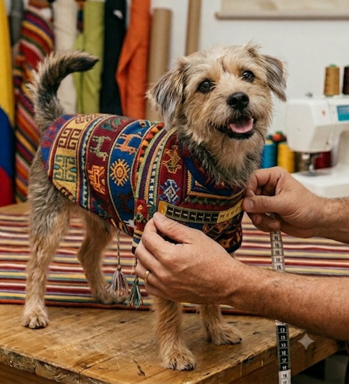 Perro con poncho bordado inspirado en la cultura peruana, con una cinta métrica suave rodeando su caja torácica.